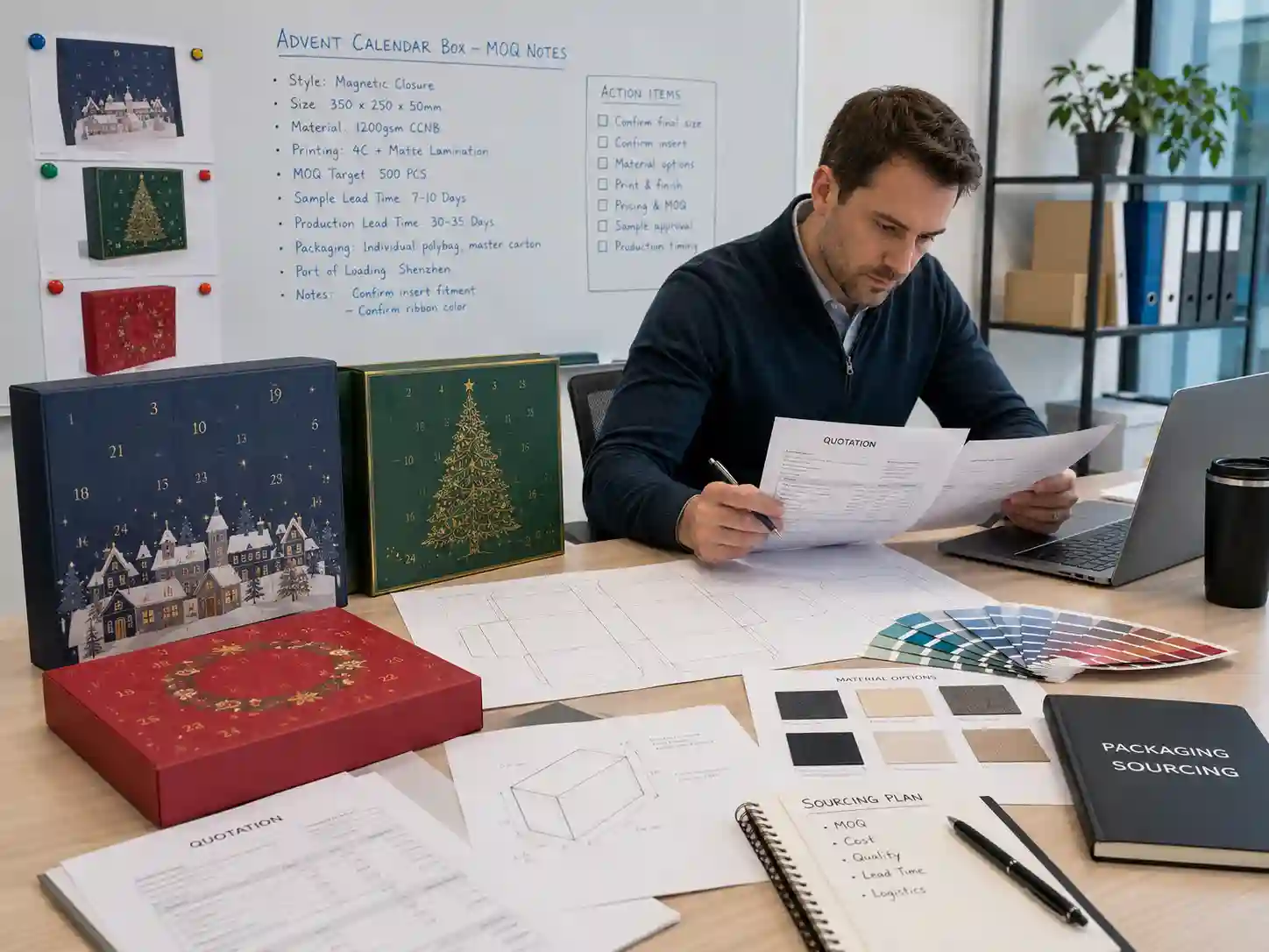 Advent calendar box MOQ planning table