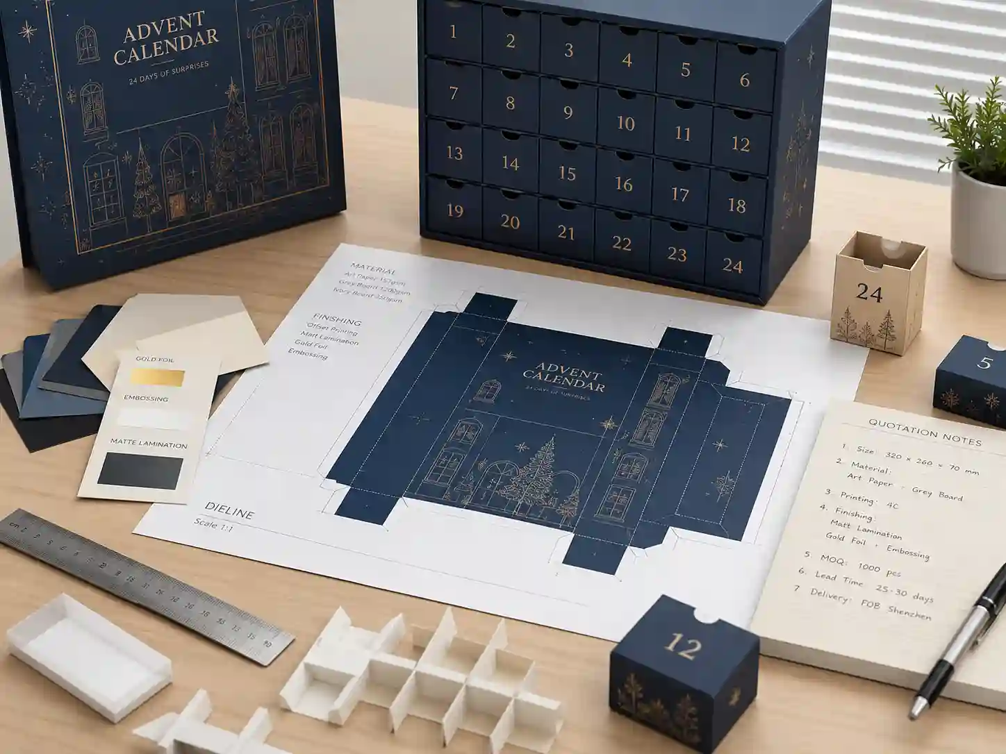 custom advent calendar boxes dieline and insert planning