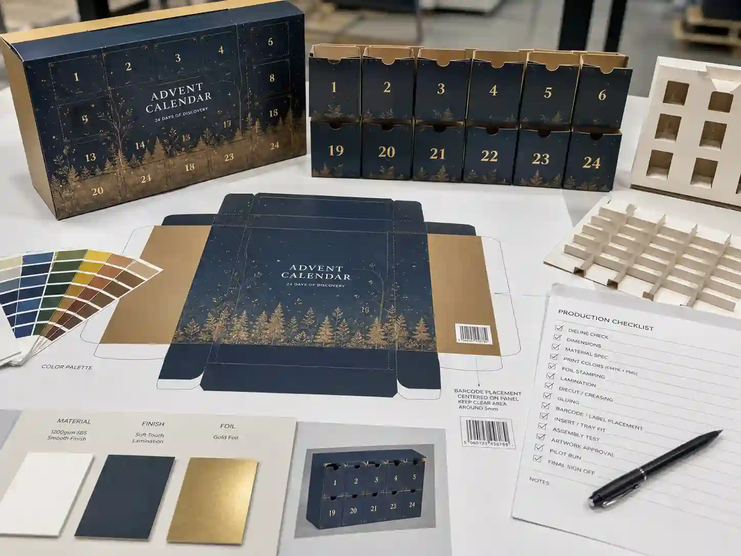 Custom advent calendar boxes with dieline and inserts