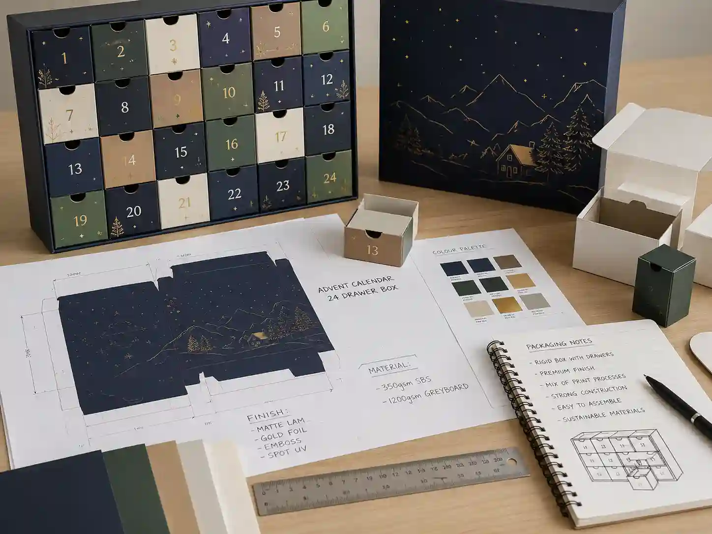 Custom advent calendar boxes dieline and insert planning