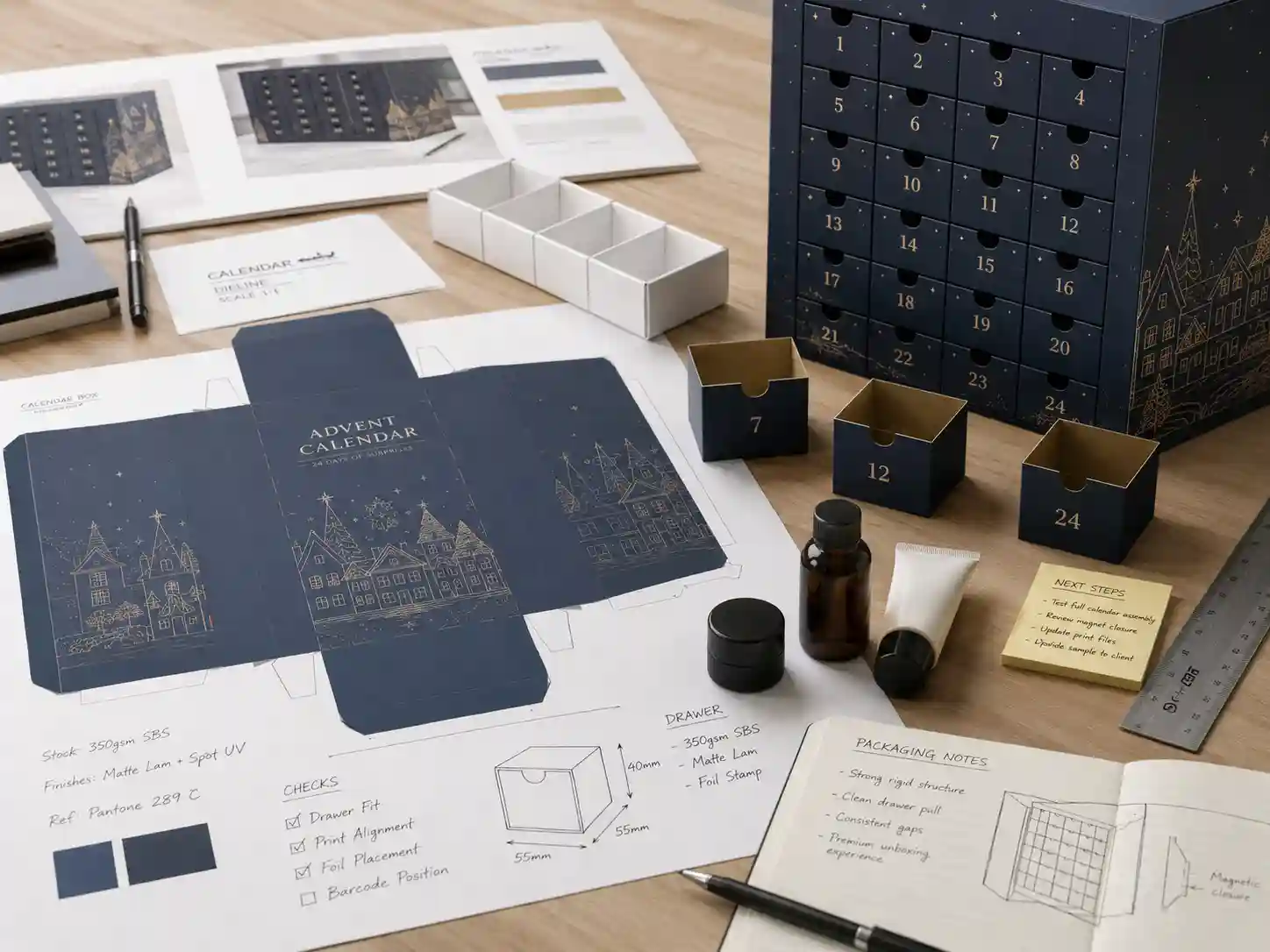 Advent calendar box dieline and insert planning