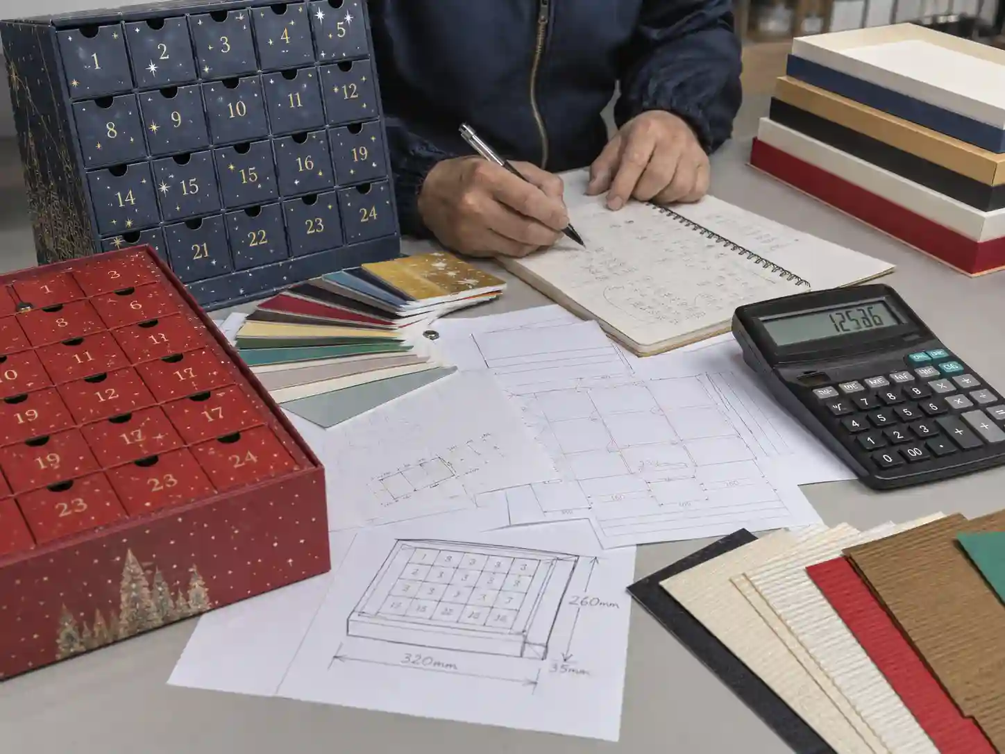 China packaging factory quotation meeting table with advent calendar box samples and production schedule notes