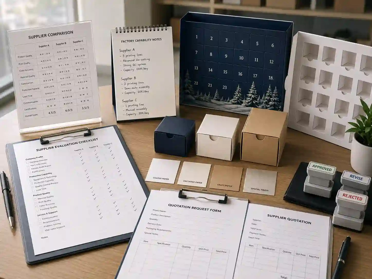 Supplier comparison desk for custom advent calendar box production capability and process planning