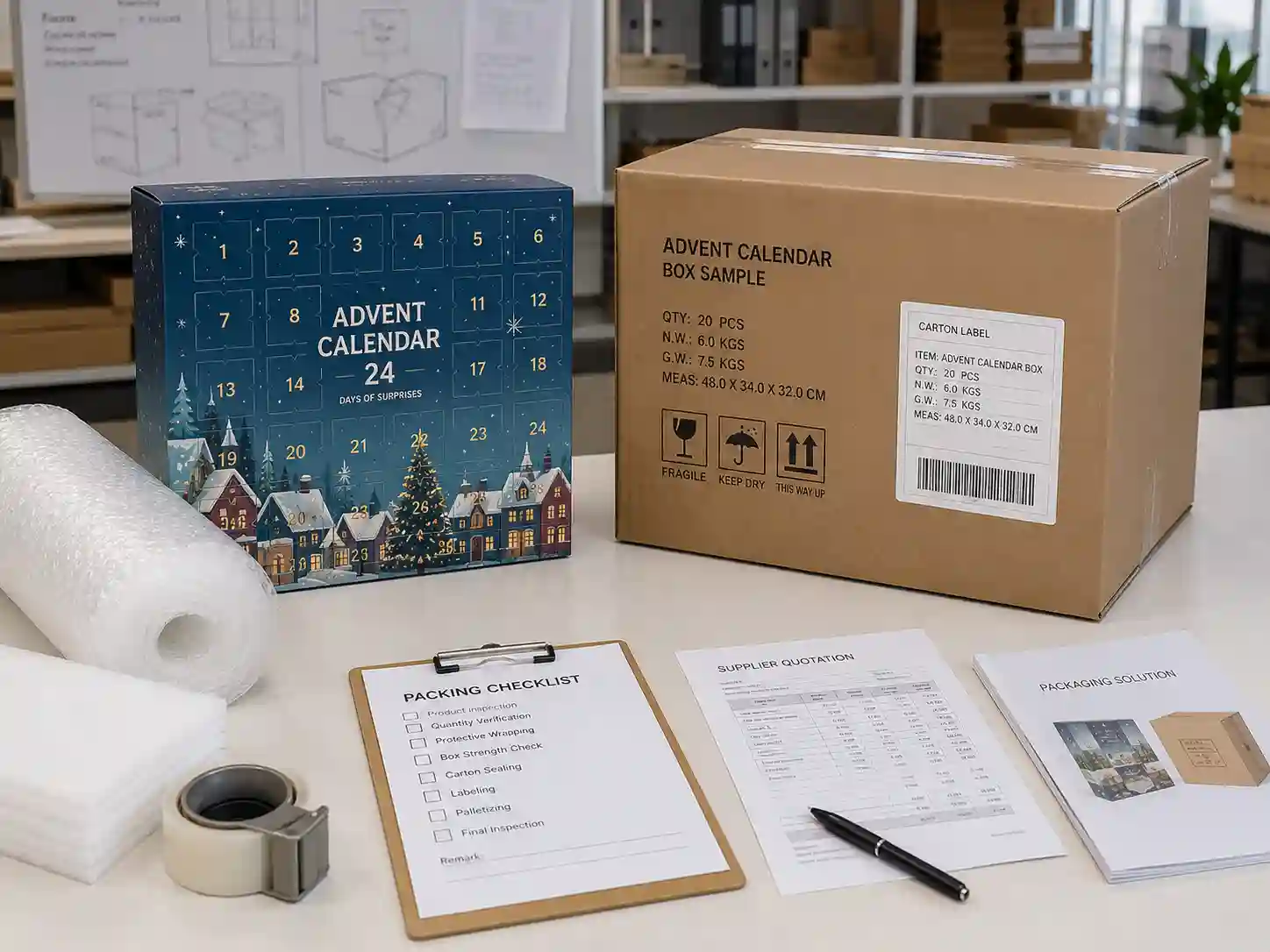 custom advent calendar box sampling and export packing
