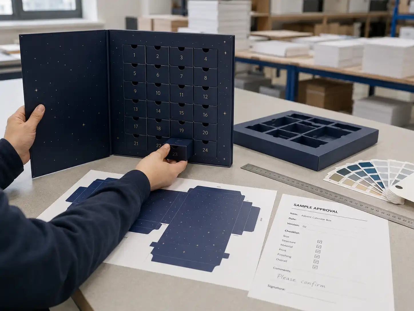 Factory sample review for custom advent calendar box production