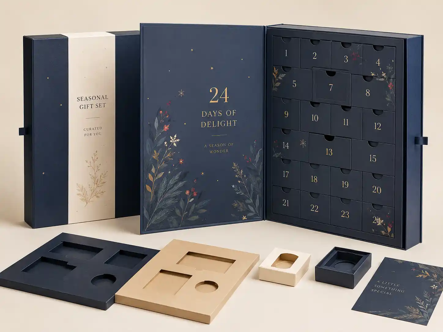Book-style advent calendar box structure for seasonal gift set packaging