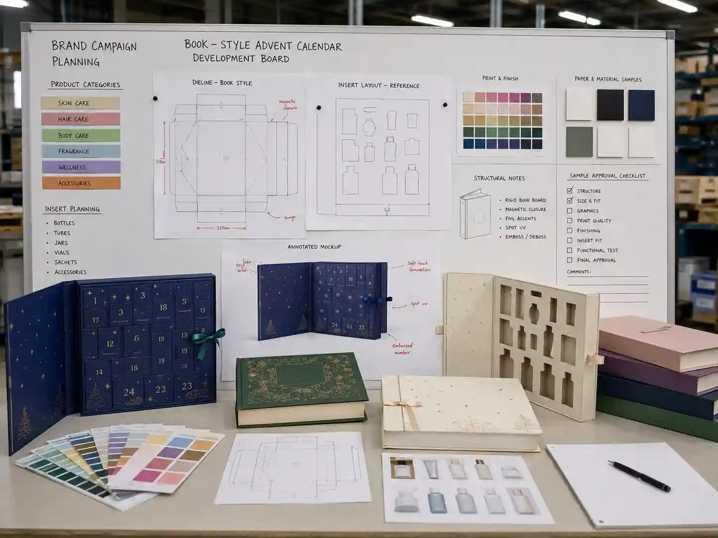 Brand campaign planning board for custom book-style advent calendar box production