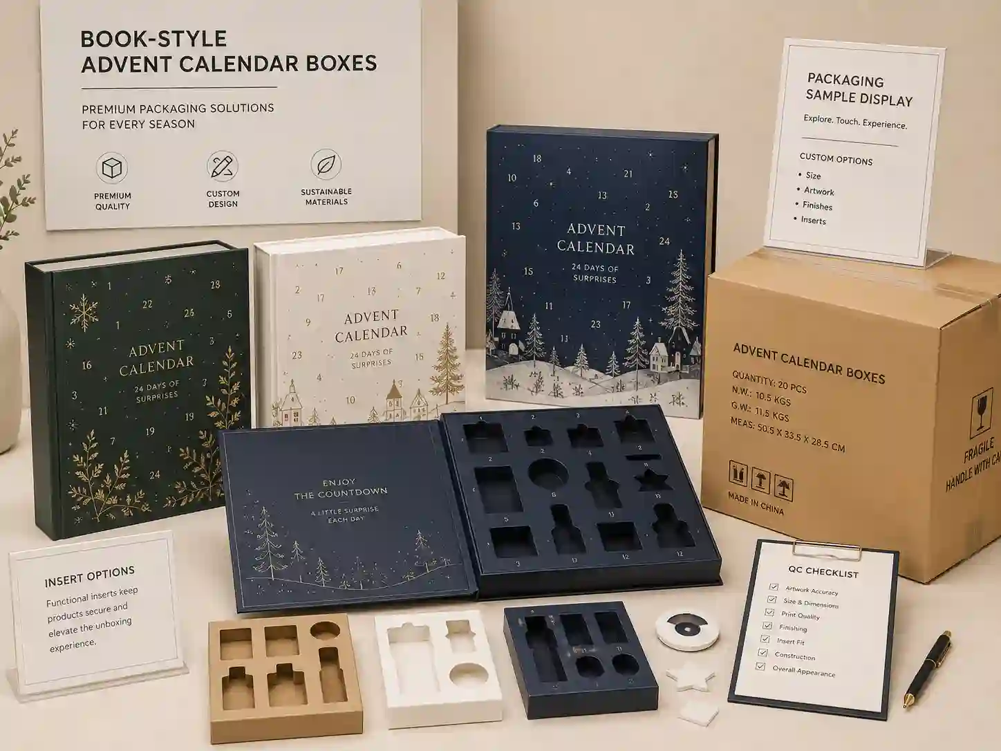 B2B trade show sample display for book-style advent calendar boxes and QC review