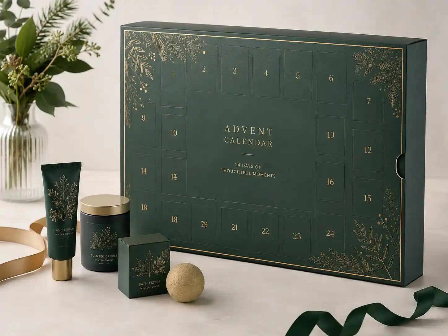 CMYK vs Pantone advent calendar boxes shown in a clean seasonal gift set packaging launch scene.