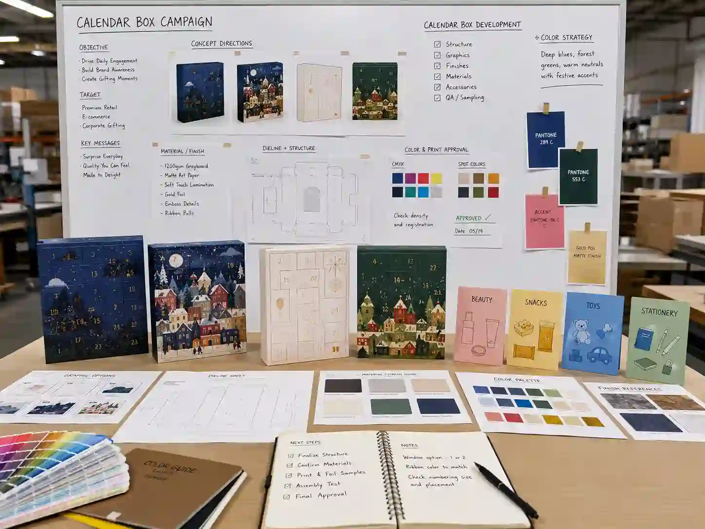 Factory planning board for CMYK and Pantone printing checks on custom advent calendar box mockups.