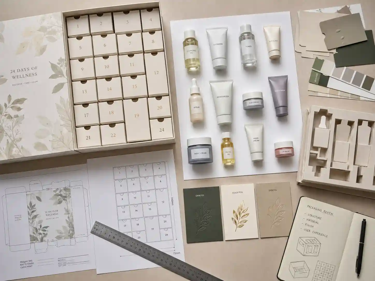 Top-down cosmetic and skincare sample layout for compartment advent calendar boxes with drawers and paperboard inserts
