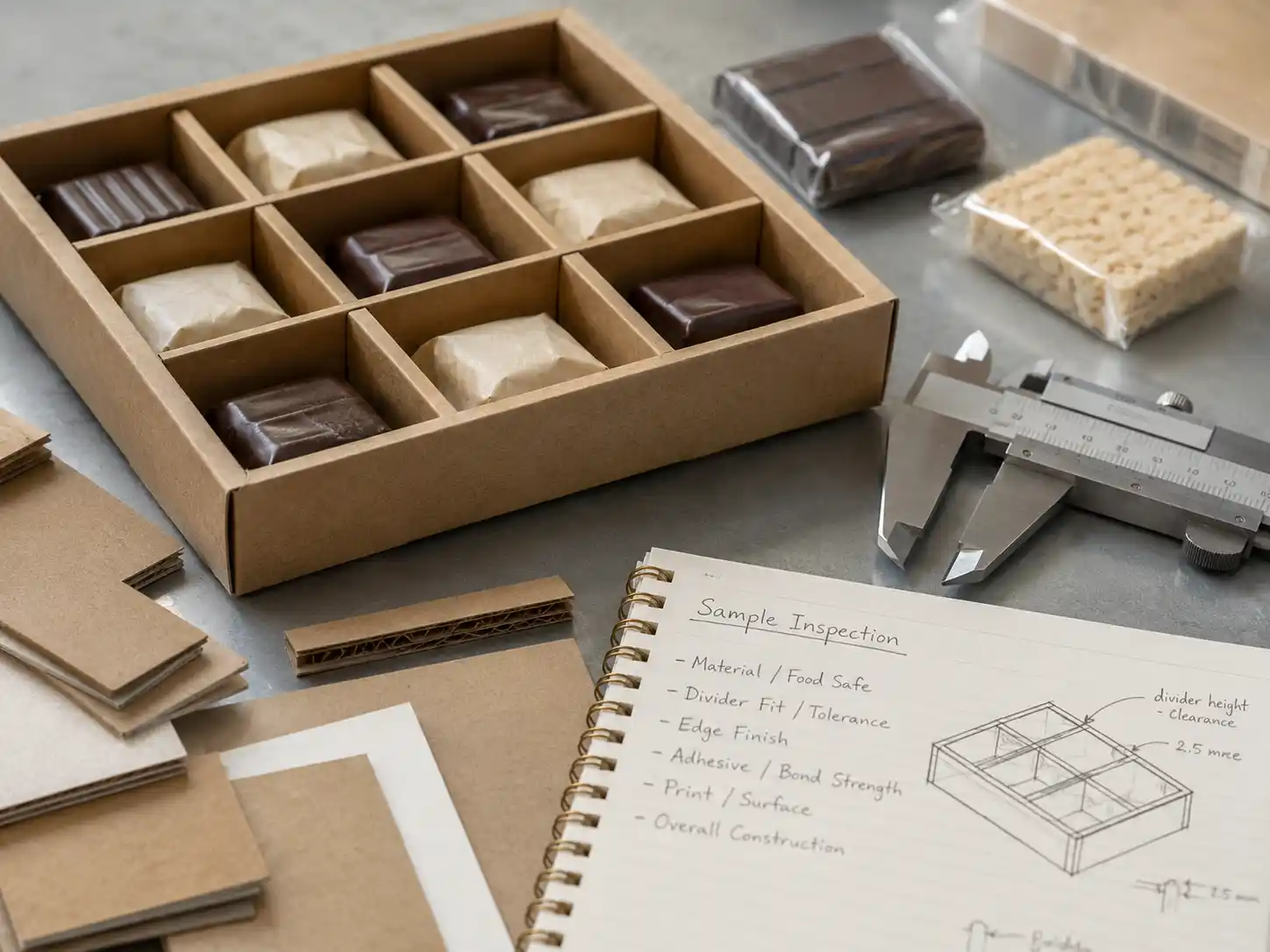 Close-up chocolate compartment planning scene for food-safe advent calendar box inserts and dividers