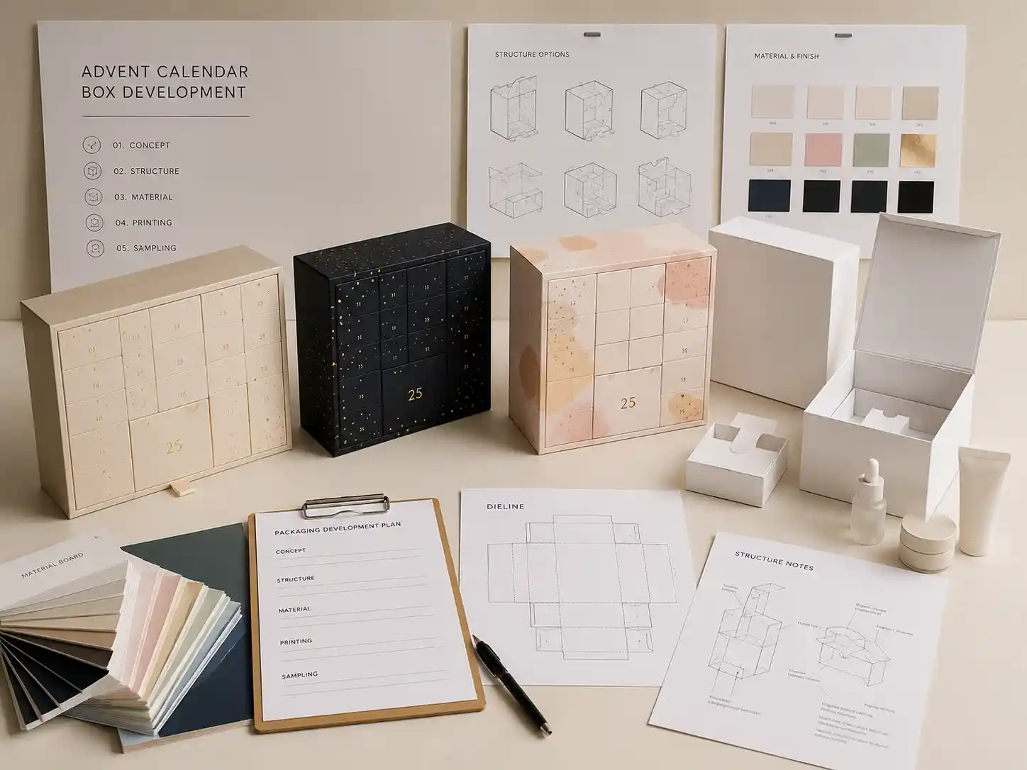 Sample development table showing blank and printed cosmetic advent calendar box samples with structure notes.