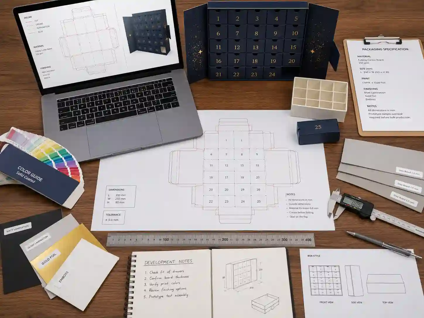 Dieline engineering desk with ruler, caliper, paper materials, and laptop for cosmetic advent calendar box planning.