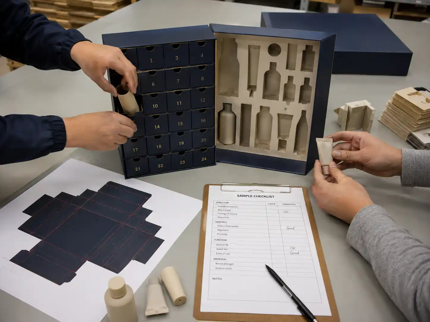 Worker checking insert fit for drawer advent calendar box sample approval with product dummies