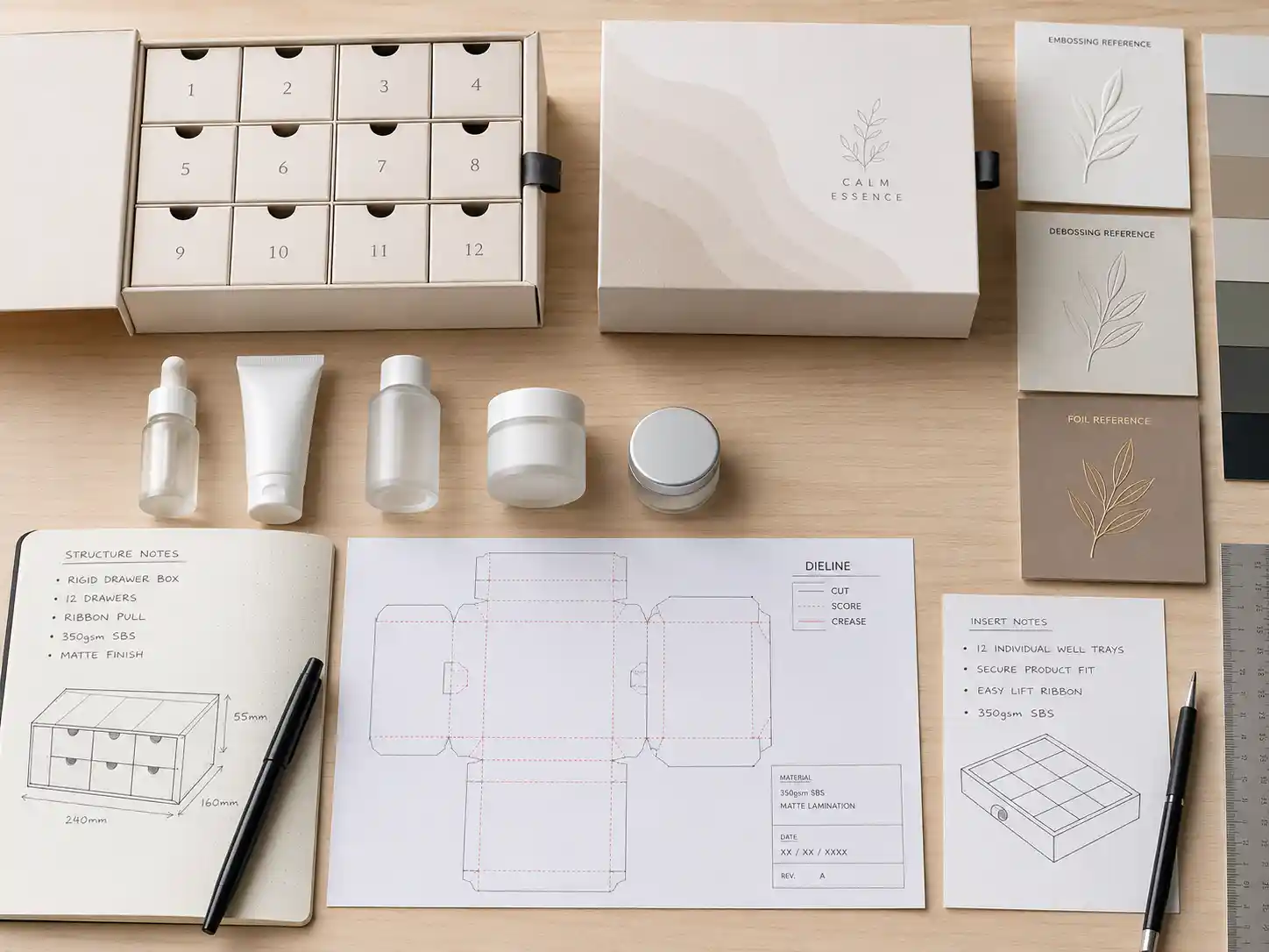 Cosmetic and skincare advent calendar packaging layout with small bottles, drawers, dieline notes, and embossing references