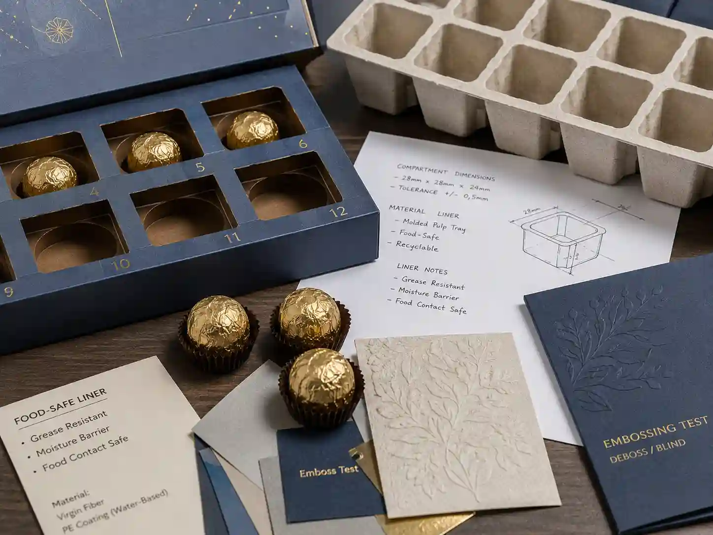 Chocolate advent calendar compartment planning with generic food samples, paperboard inserts, and embossing test pieces