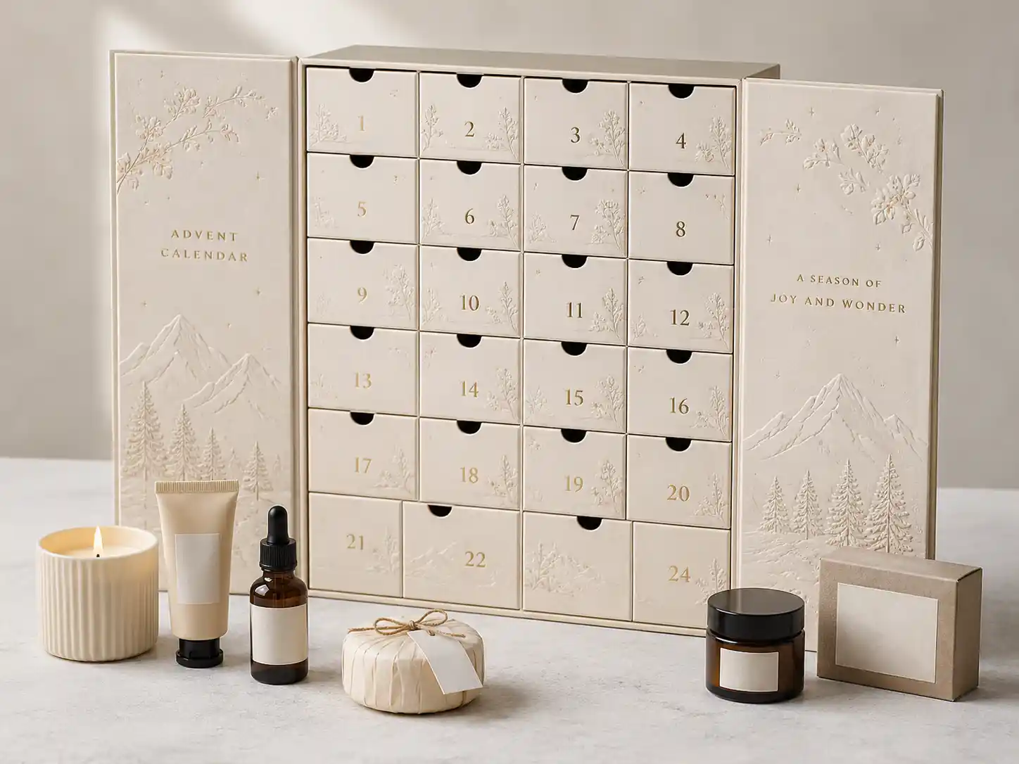 Premium embossed advent calendar gift set packaging presentation with drawers and generic retail products