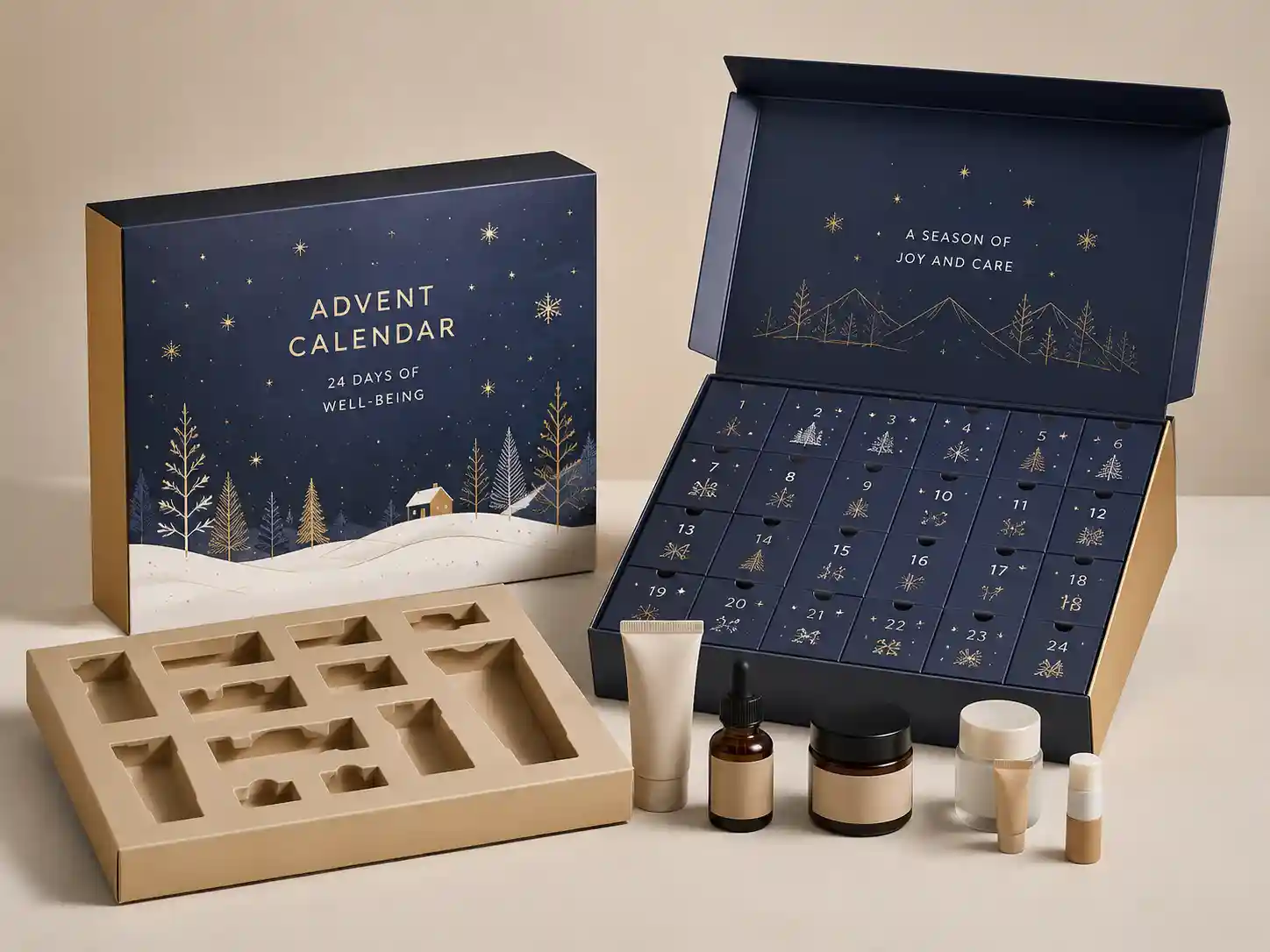 Flat pack advent calendar boxes for seasonal gift set packaging launch