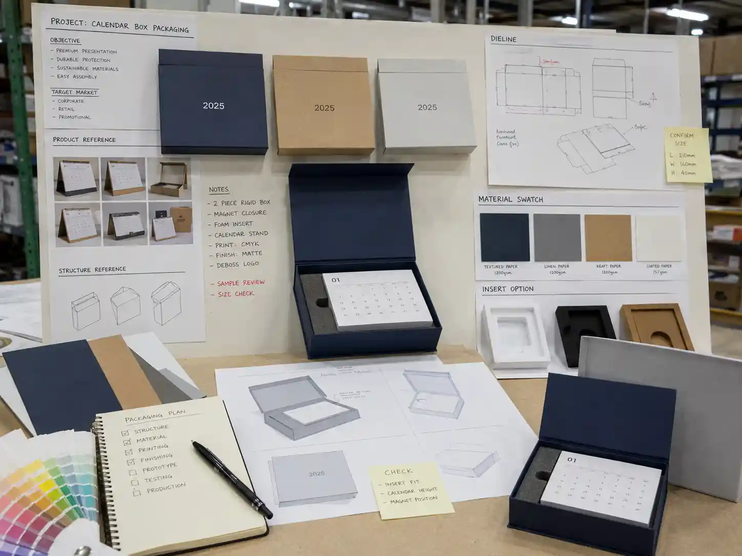 Brand campaign planning board for flat pack advent calendar box production