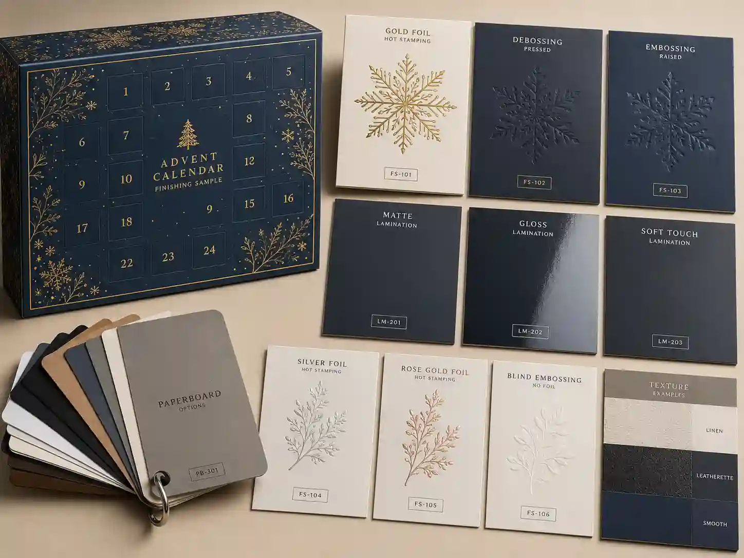Close-up of foil stamping embossing and lamination samples for custom advent calendar box finishing