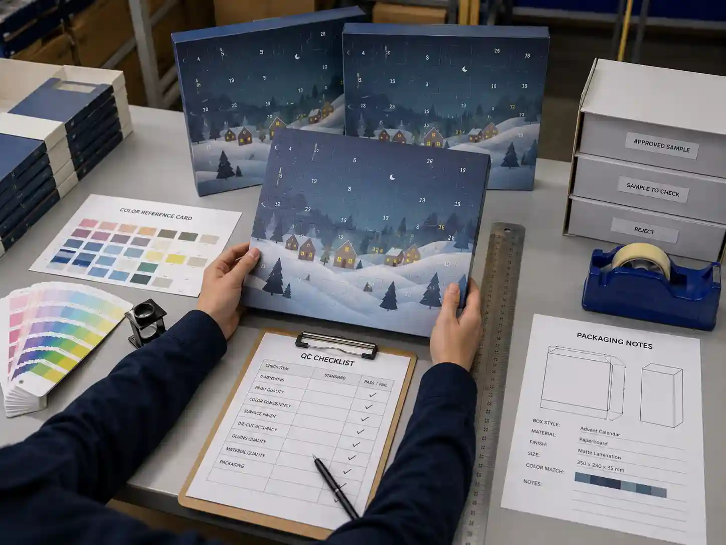 Quality control bench checking color consistency for custom advent calendar boxes under neutral lighting