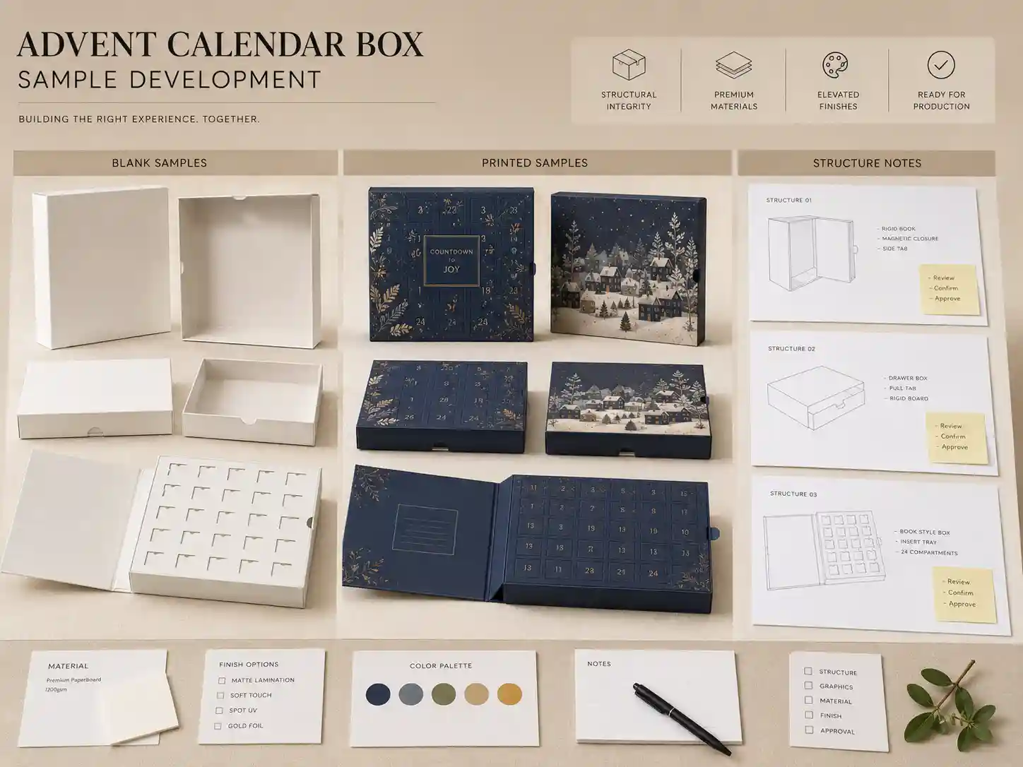 Sample development table for foil stamping advent calendar boxes with blank samples, printed samples, and structure notes