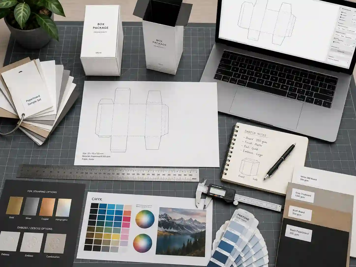 Dieline engineering desk for advent calendar box printing, foil stamping, and artwork checks