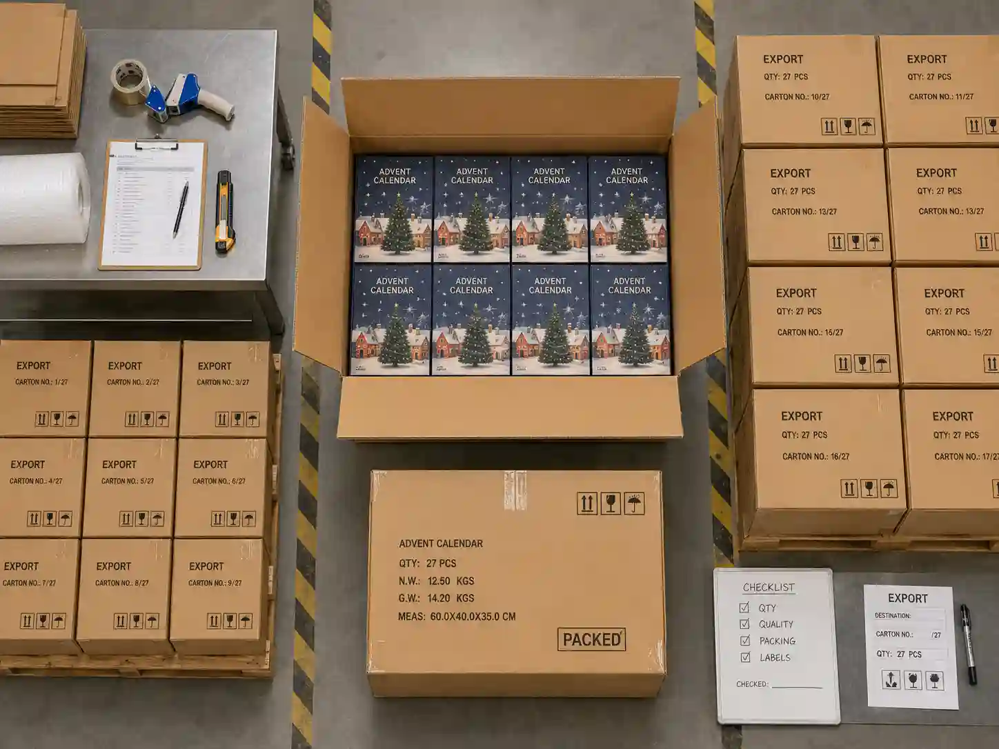 Warehouse shipping lane with packed fold-out advent calendar boxes and export cartons for B2B packaging planning