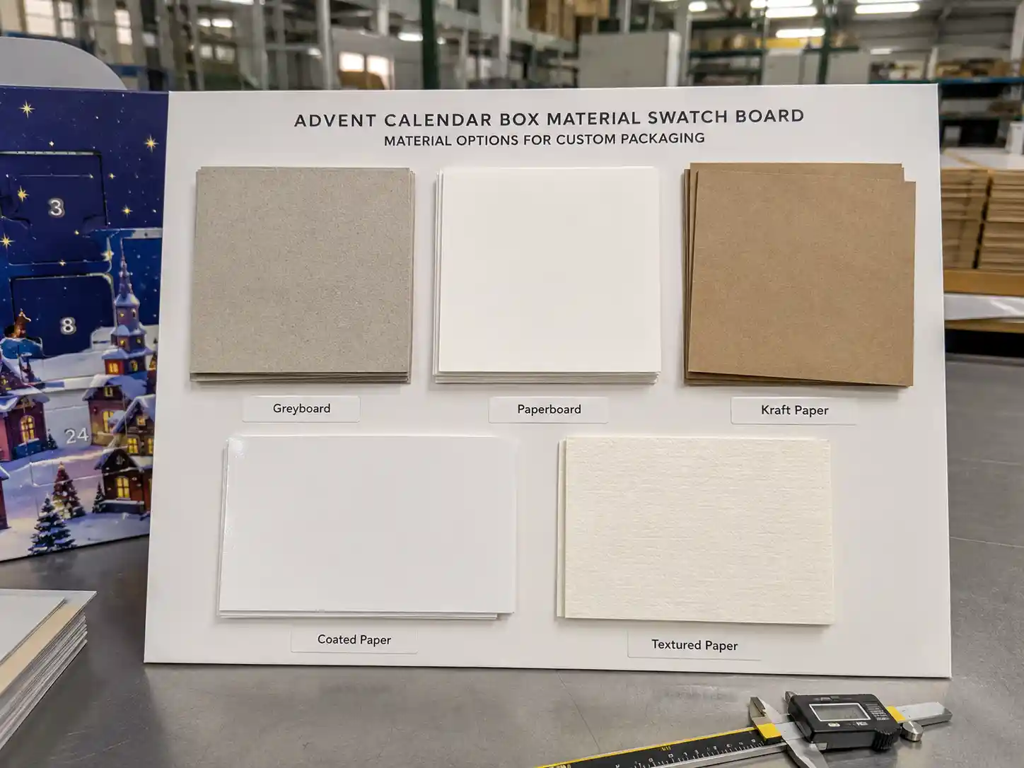 Paper material swatch board for numbered doors advent calendar boxes with greyboard, kraft, coated paper, and textured paper.