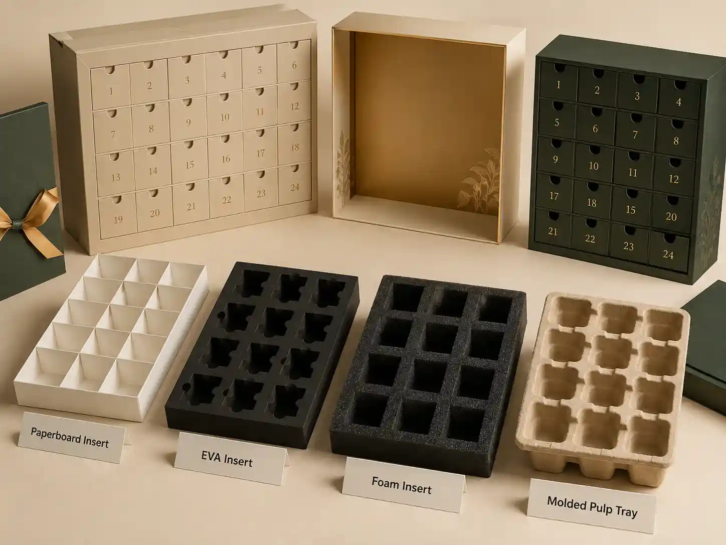 Insert material comparison for numbered doors advent calendar boxes including paperboard, EVA, foam, and molded pulp.