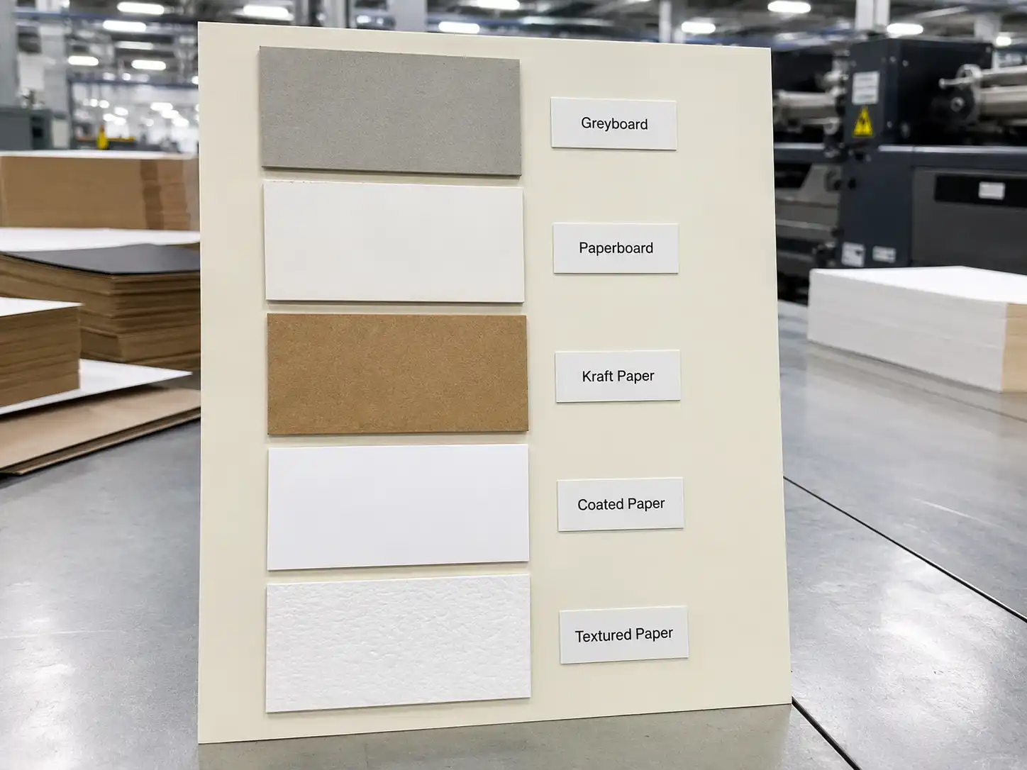 Paper material swatch board showing greyboard paperboard kraft coated paper and textured paper for advent calendar box production