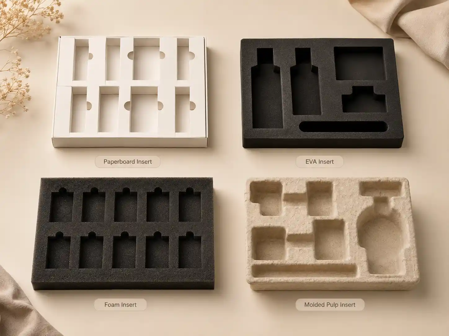 Insert material comparison with paperboard EVA foam and molded pulp samples for custom advent calendar boxes
