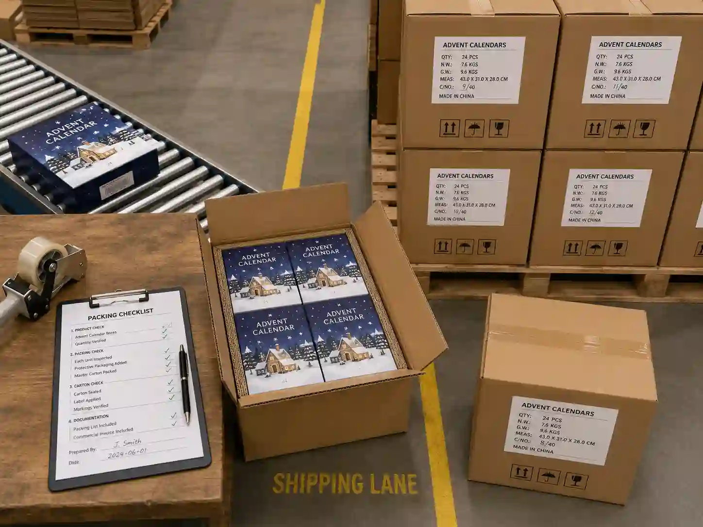Warehouse planning scene with packed advent calendar boxes and export cartons for seasonal packaging preparation