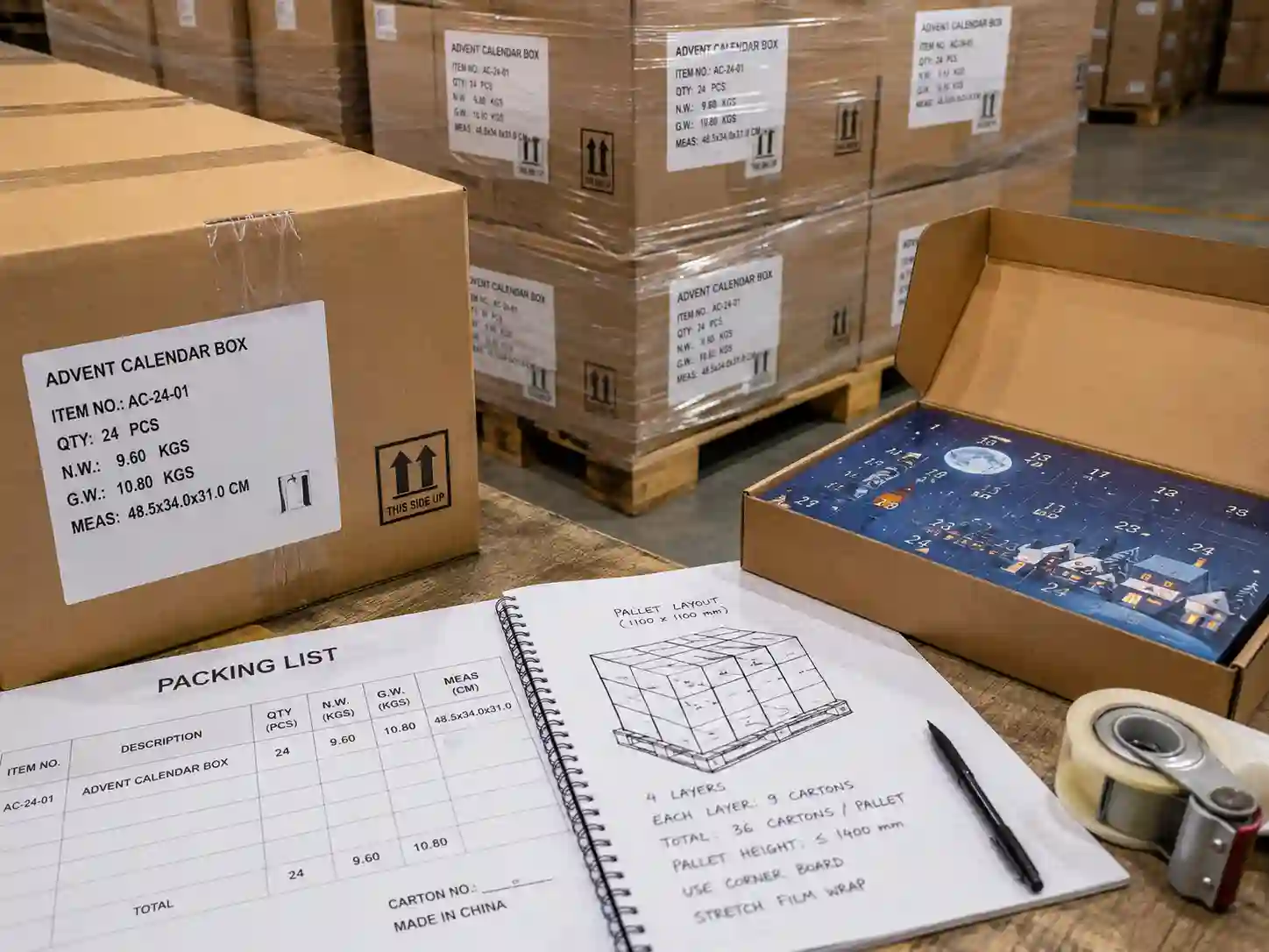 Close-up palletizing and master carton planning for custom advent calendar box export packing