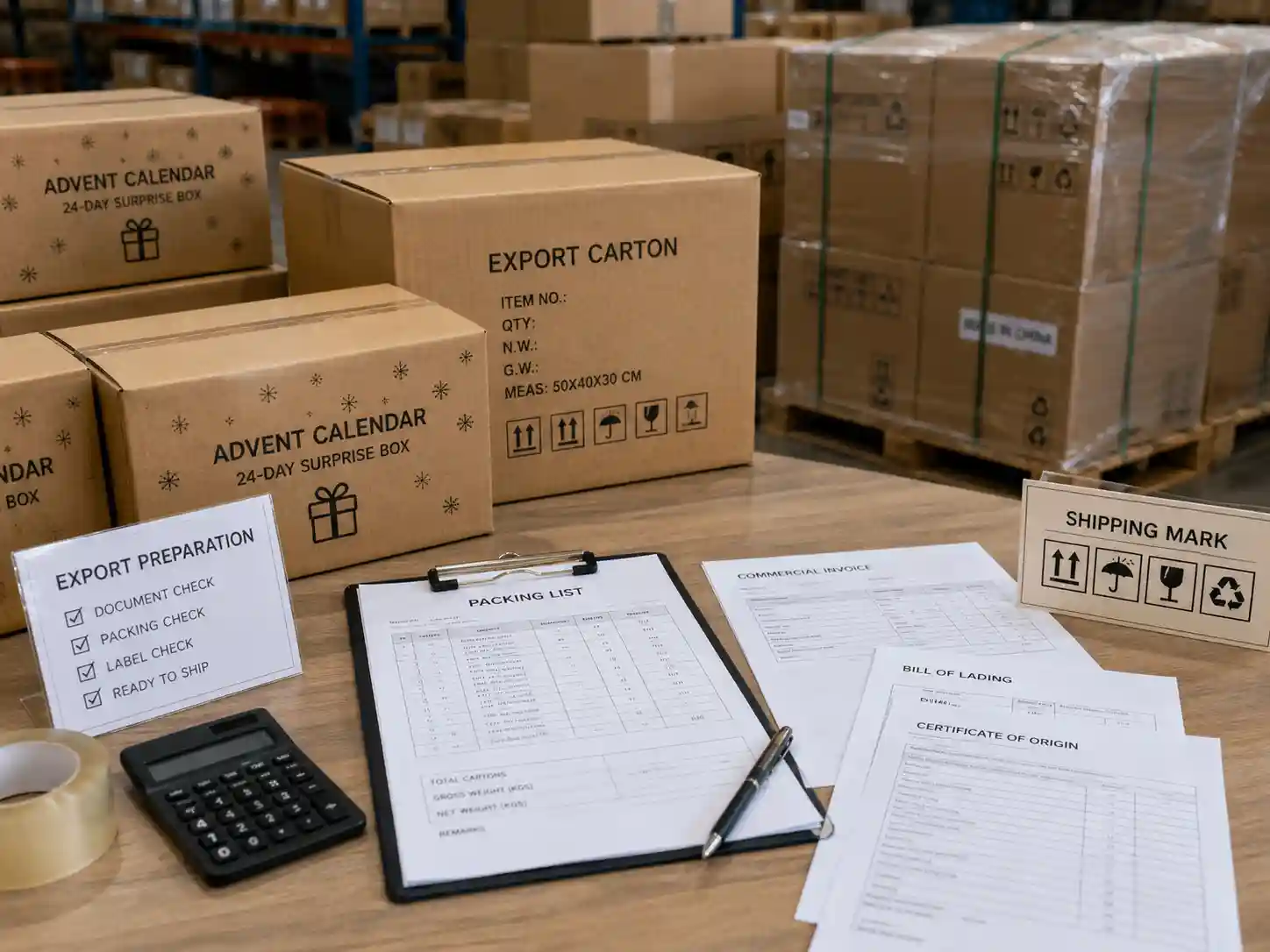 International logistics preparation with generic documents and cartons for advent calendar box shipments