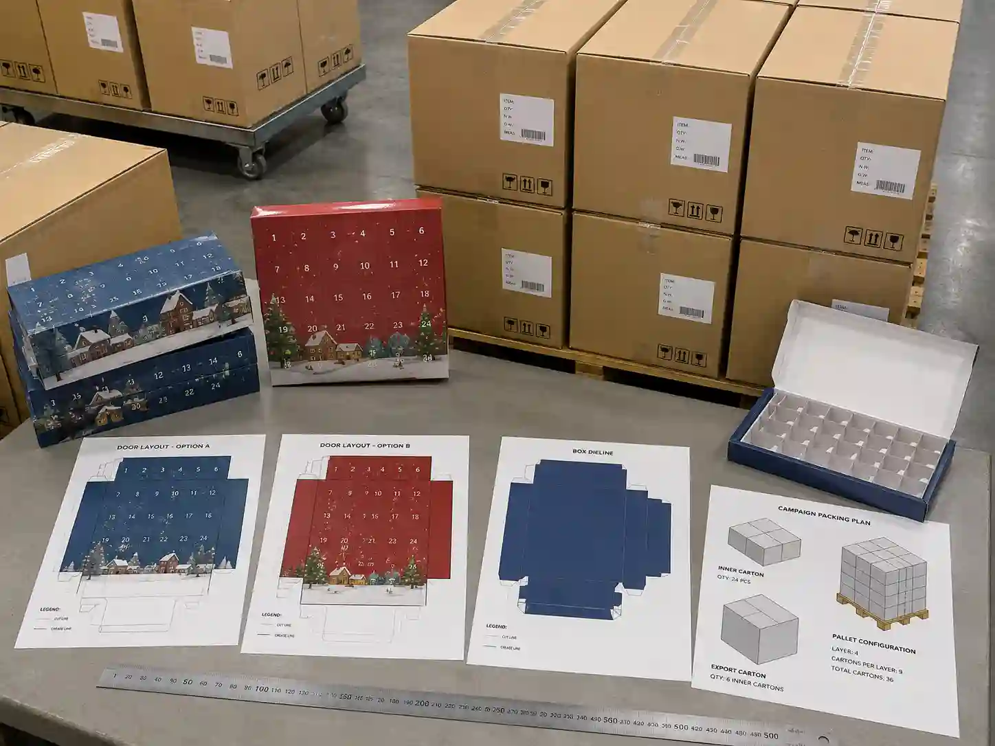 Warehouse planning scene for advent calendar box door layout and export carton preparation