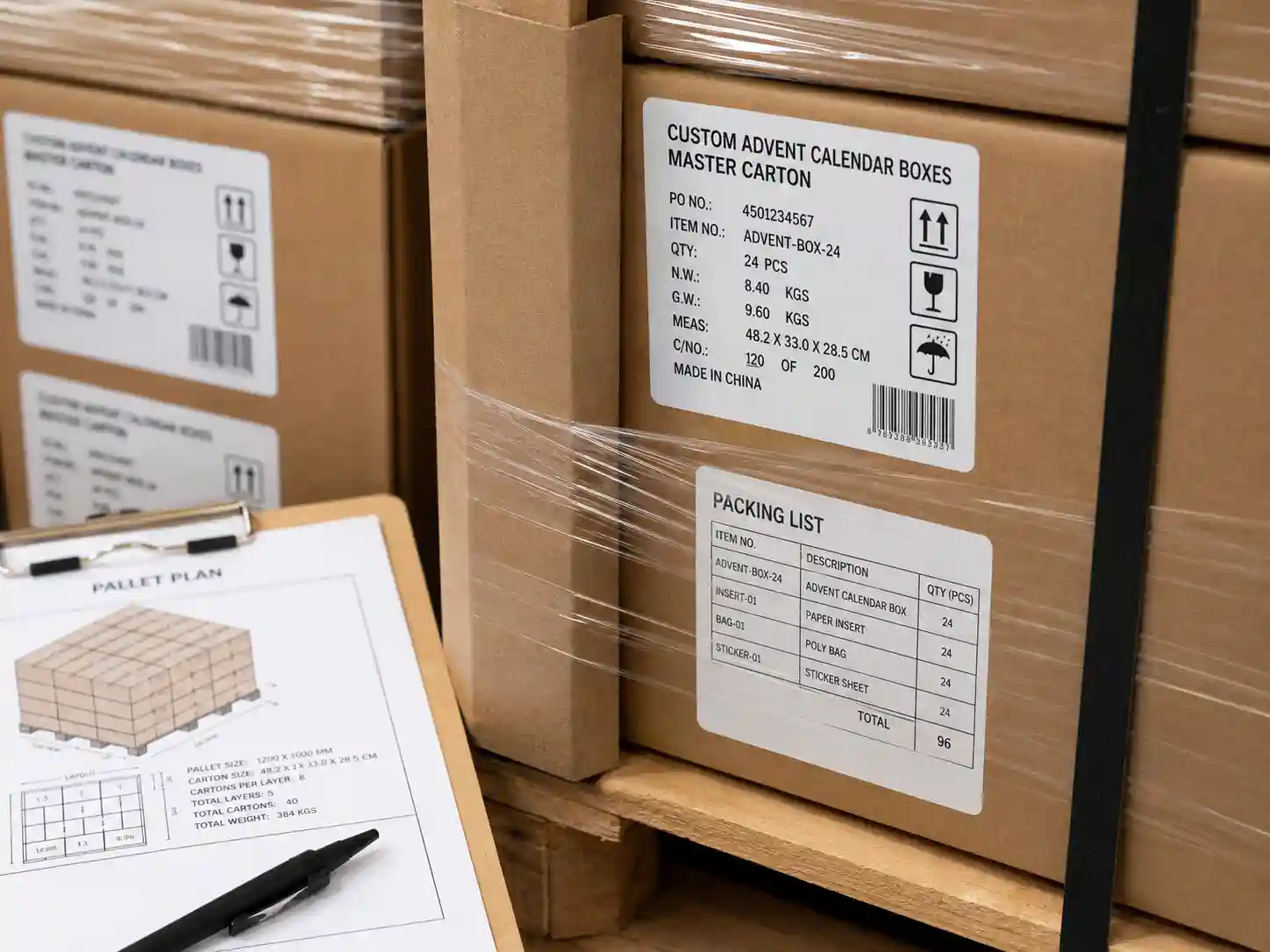 Master carton and pallet planning for custom advent calendar box production