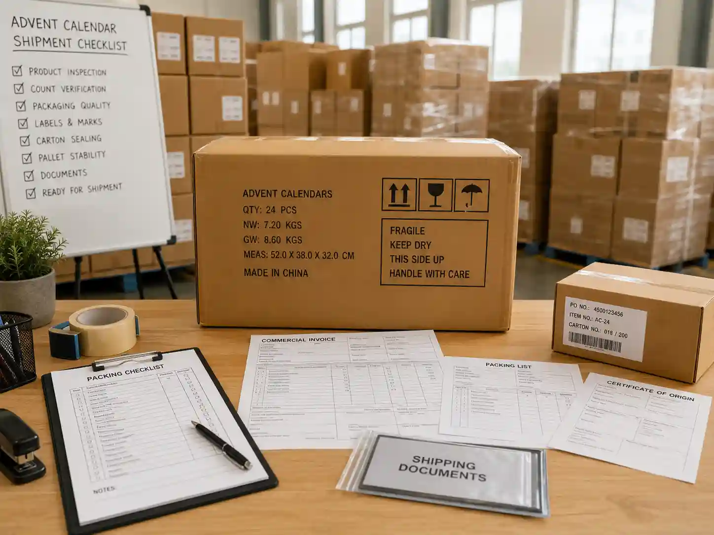 International logistics preparation for advent calendar box export packing and quotation review