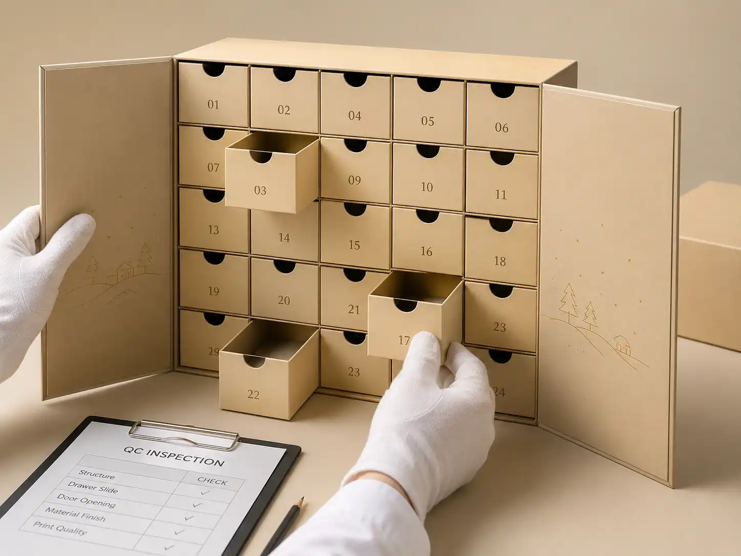 QC inspection close-up for advent calendar box drawer count and drawer opening performance