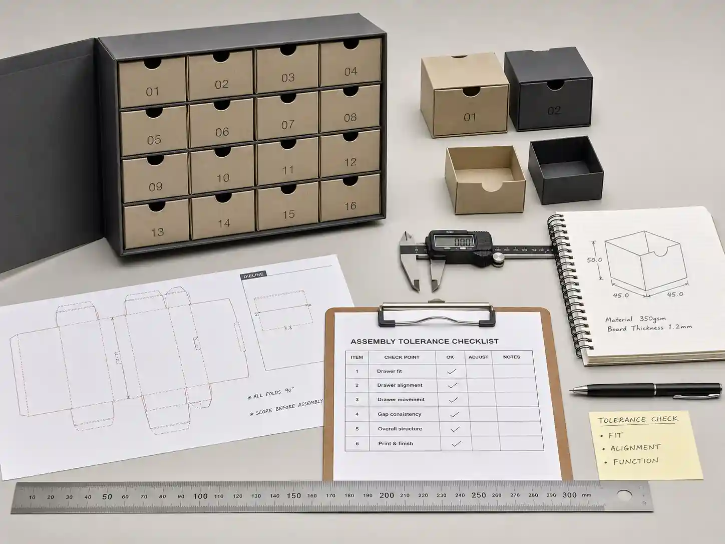 Assembly tolerance check with ruler and product dummies for advent calendar box drawer count planning