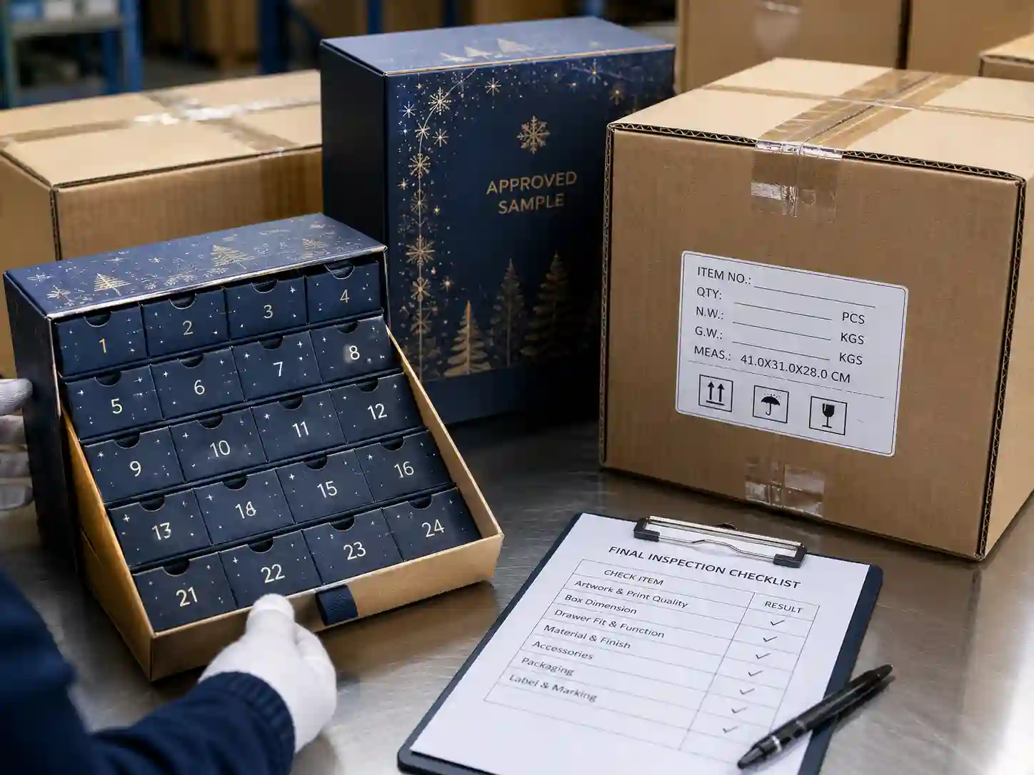 Final pre-shipment inspection for advent calendar box drawer count order with sealed cartons and sample reference