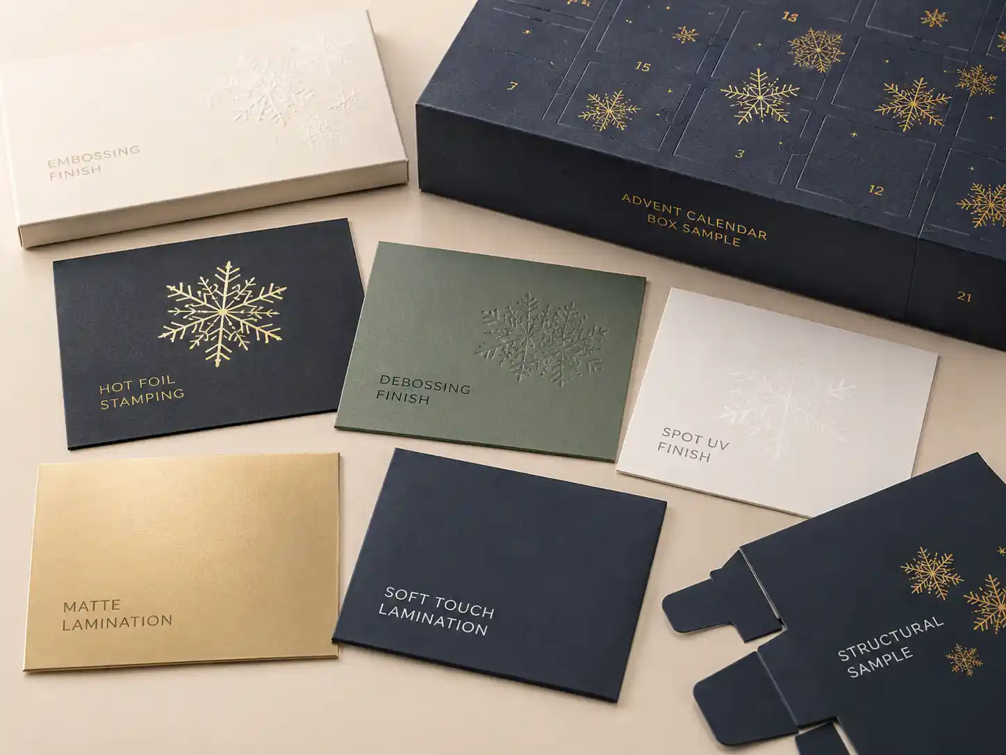 Foil stamping embossing and lamination samples for custom advent calendar box finishing