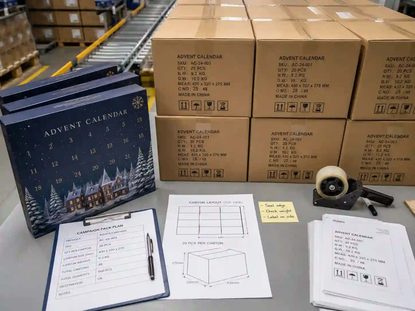 Warehouse shipping lane with packed advent calendar boxes and export cartons for greyboard thickness planning