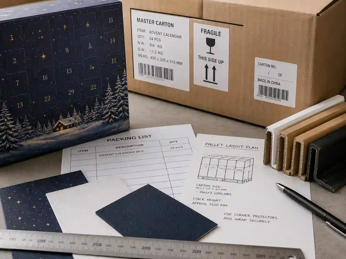 Palletizing and master carton planning for rigid advent calendar boxes with greyboard and packing details
