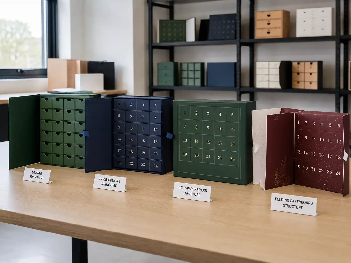 Factory showroom comparison of advent calendar box structures and paper material options for B2B packaging buyers