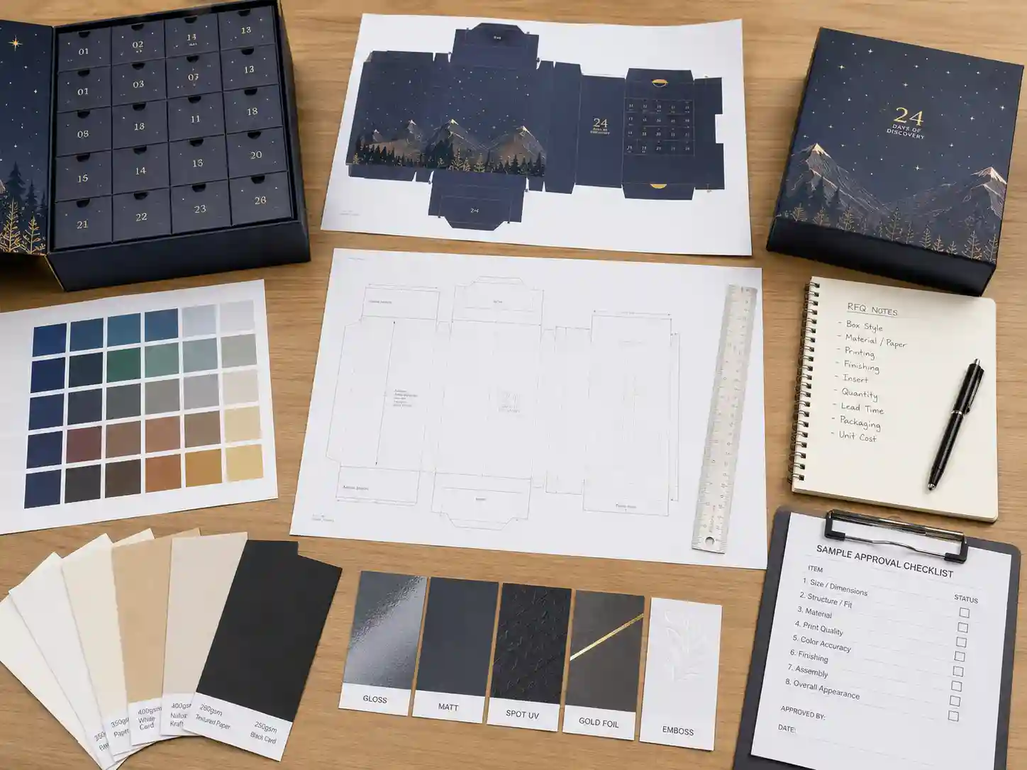 Buyer planning desk with dielines color swatches and RFQ notes for custom advent calendar box materials