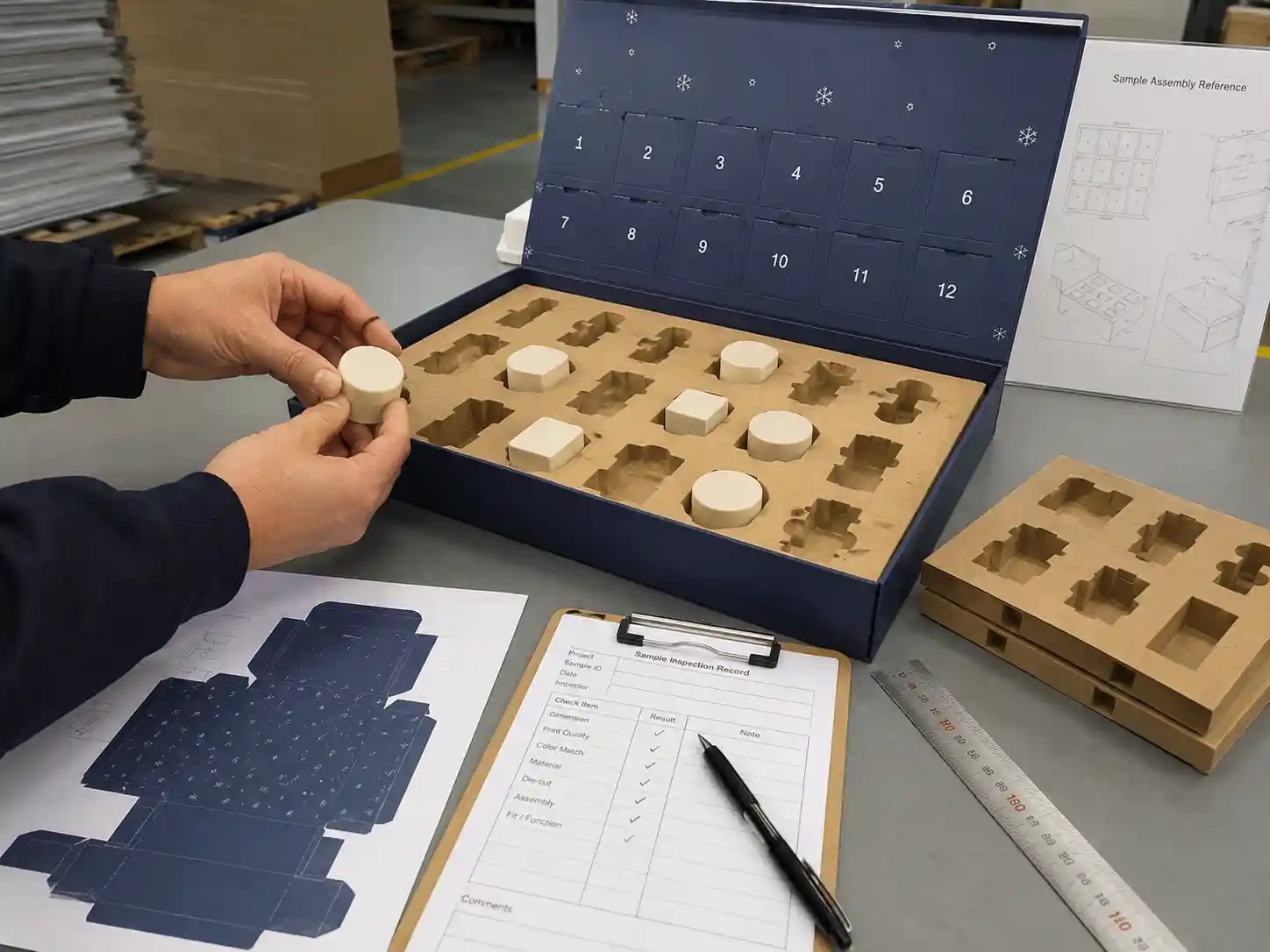 Worker checking paperboard insert fit with product dummies for sustainable advent calendar box sampling