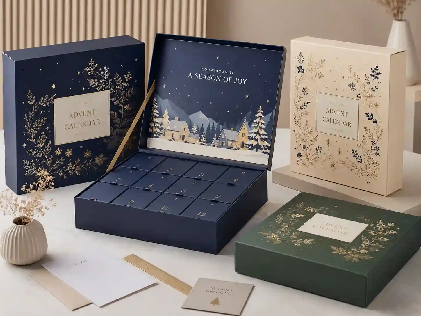 Custom seasonal gift set packaging scene showing advent calendar box samples for B2B product launch planning