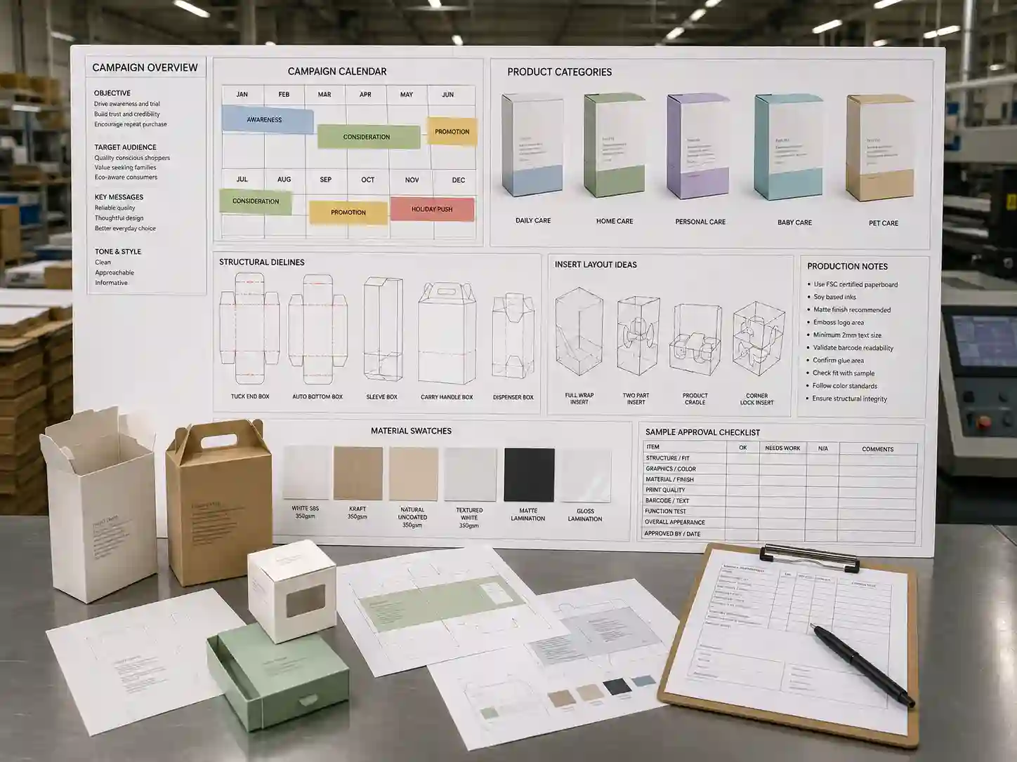 Brand campaign planning board with advent calendar box mockups, dielines, inserts, and production notes